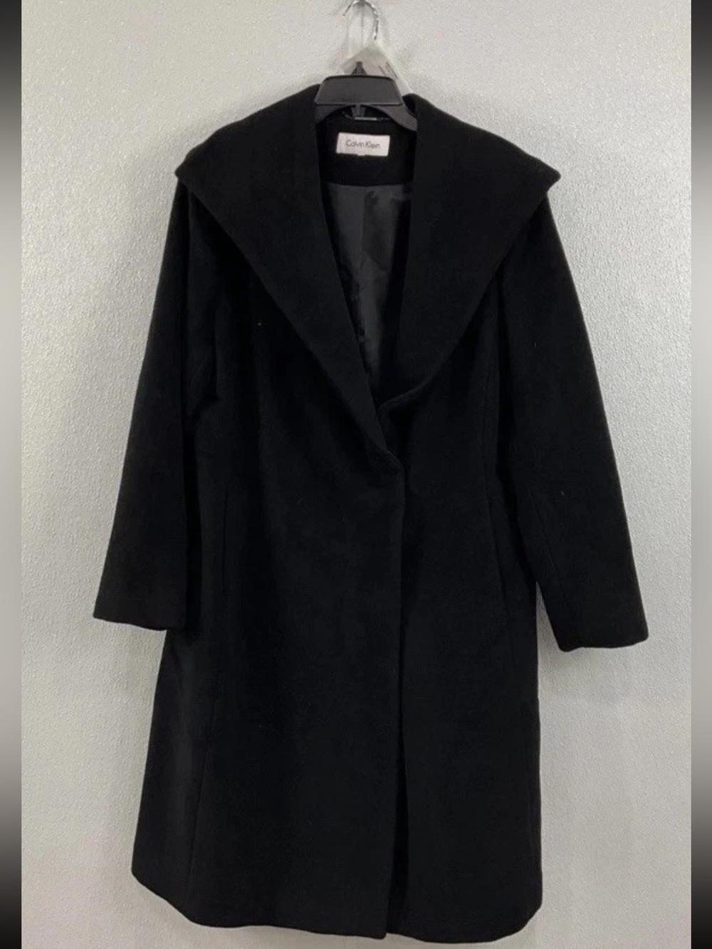 Calvin Klein Black Long Wool-Blend peacoat Trench Coat with Wide Collar